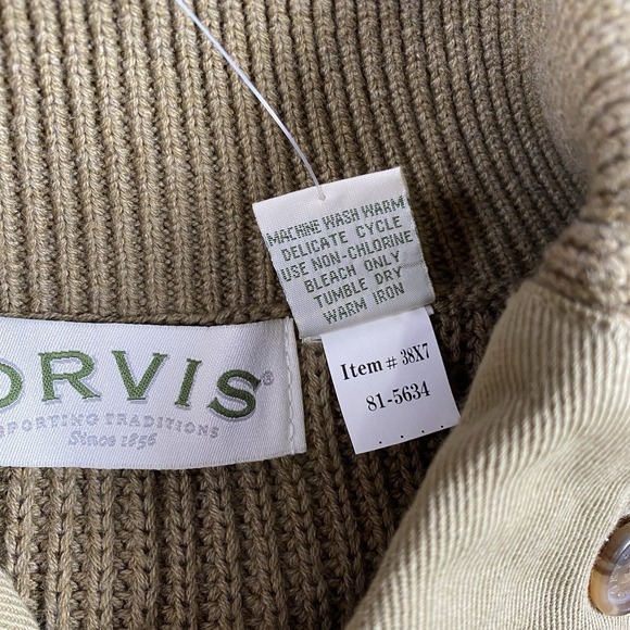 Orvis Sweater Mens Size L Tan Military Commando Shawl Collar Button Elbow Patch - Picture 8 of 13